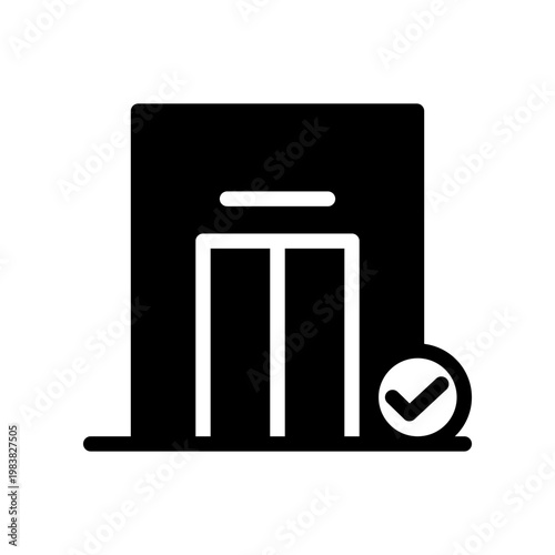 Elevator doors showing a check mark. Indicating successful operation and passenger safety