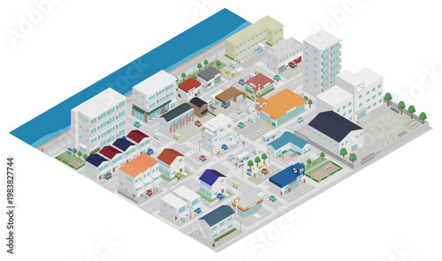 アイソメトリックな海沿いの街並みのイメージ素材