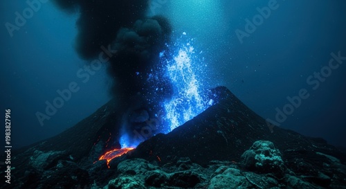 Deep sea volcanic eruption with glowing blue light and smoke under water