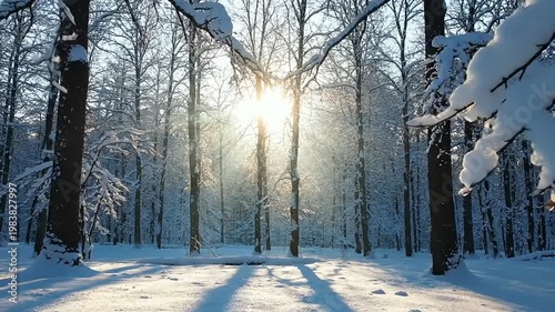 Sunlight filtering through snow-covered trees in a winter forest.
