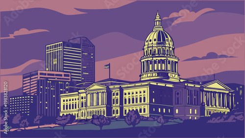 Stylized Denver Colorado Skyline and State Capitol Vector Illustration