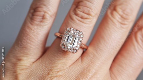 A closeup of a woman's hand shows a gold engagement ring with a sparkling diamond gem on her finger as a human palm gently holds it to celebrate love and marriage