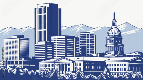 Denver Skyline Vector Illustration with Mountains and State Capitol