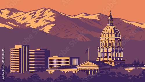 Denver Colorado Skyline Vector with State Capitol and Mountains