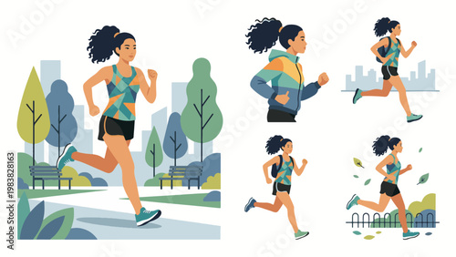 Urban woman running in city park, healthy lifestyle fitness illustration, female jogger training outdoors, active sports character set, modern flat vector collection