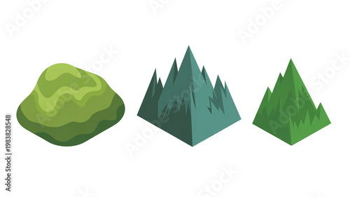 A green winter mountain landscape vector illustration featuring a pine tree forest under a snowy sky for a nature holiday card design