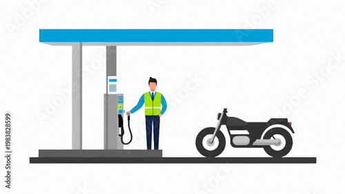 Gas Station Attendant with Motorcycle Flat Vector Illustration on White Background