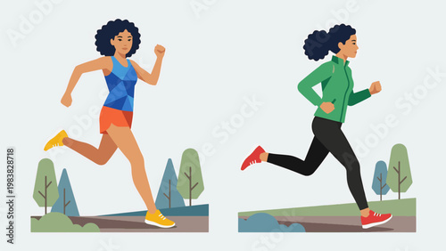 Women running outdoor set, female jogger fitness illustration, active lifestyle sports characters, modern flat vector runners training in park nature scene healthy living concept