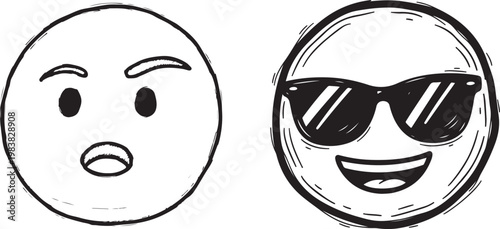 Surprised and cool smiley face icons hand drawn vector illustration sketch doodle set for emotional expression