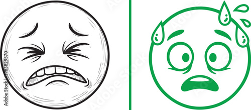 Vector illustration of two emoticons representing stress and anxiety with a grimacing face and a sweating nervous face