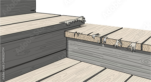 Close-up view of damaged wooden deck steps with splinters and frayed edges.