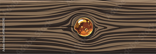 Close-up of a golden amber-like drop embedded in a wooden surface with swirling grain patterns.