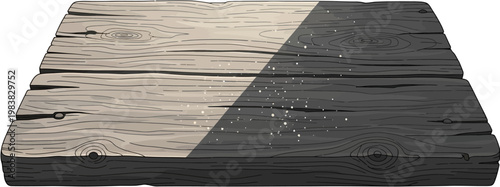 Rustic wooden planks with a diagonal split showing light and dark textures and subtle dust particles.