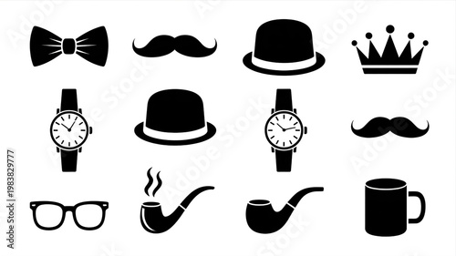 Vintage hipster fashion collection featuring a black vector set of different icons like a hat, mustache, and glasses silhouette for a stylish gentleman or woman accessory illustration art