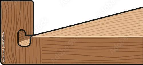 Close-up cross-section illustration of two wooden pieces joined with a dado or rabbet joint, showing wood grain and construction detail.