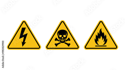 This set of yellow triangle vector icons features safety warning symbols for high voltage electricity, radiation, and biohazard chemical hazards to provide caution and traffic attention on a road