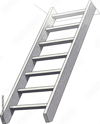Simple wooden ladder with multiple rungs, extending upwards, providing access to an upper level or attic space.
