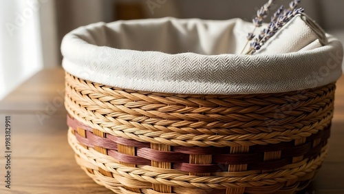 Woven Basket with White Liner on Wooden Table.