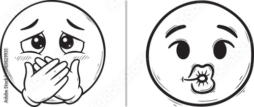 Set of two cartoon emoji faces in black and white line art style showing embarrassed and whistling expressions