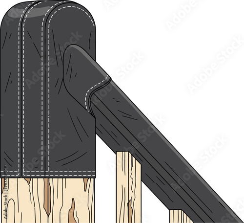 Protective black padding covering a wooden post and angled railing for safety.