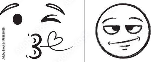 Hand drawn vector illustration of winking blowing kiss and smirking emoticon faces for social media messaging