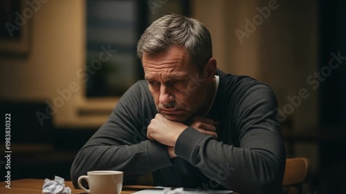 Middle Aged Man Facing Creative Block and Burnout at Night Desk