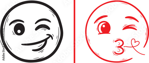 Hand drawn winking and blowing kiss emoji set vector illustration for social media and romantic messaging