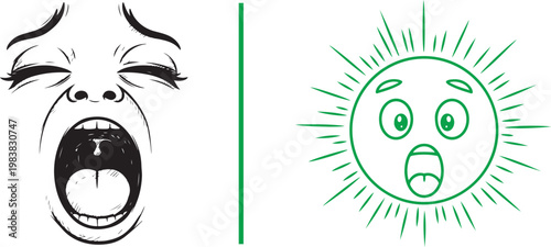 Vector illustration of a human face screaming and a shocked sun character expressing intense emotions
