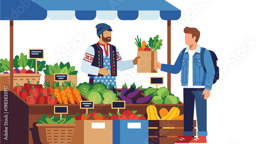 Farmers market shopping scene, organic vegetables stall with seller and customer, local grocery purchase interaction, healthy food lifestyle illustration, modern flat vector marketplace concept