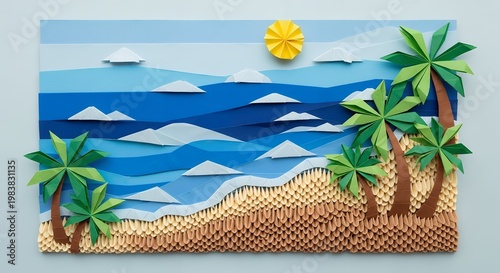 Colorful Layered Paper Beach Scene with Blue Ocean and Tropical Palm Trees