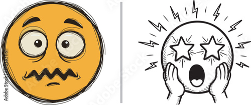 Nervous and starstruck emoji characters in hand drawn sketchy style vector illustration for emotional expression