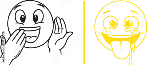 Vector illustration of two cartoon emojis with surprise and drooling hunger expressions in line art style