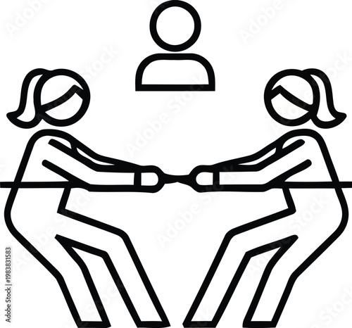 Two women engaged in a tug of war with an overseeing figure
