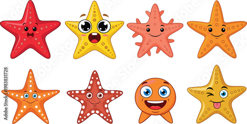 Fotografía Cartoon Starfish Character Set with Different Faces and Expressions for Kids, Oc