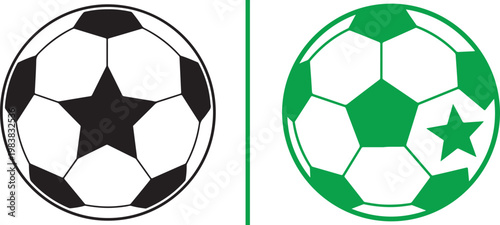 Soccer ball vector icons with star design in black and green colors for sports branding and football championship logos