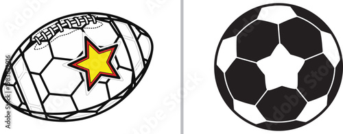 American football with star and classic soccer ball vector illustration icons for sports competition and team branding