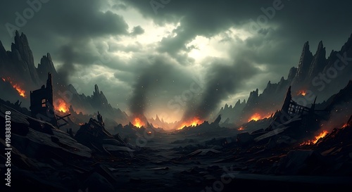 Dark fantasy landscape with fiery destruction and ominous clouds