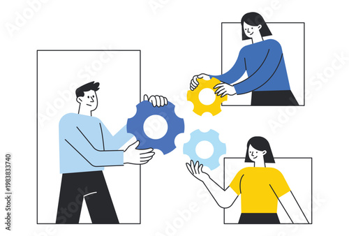 Diverse professional team collaborating to assemble colorful gears representing business synergy and effective workflow management.