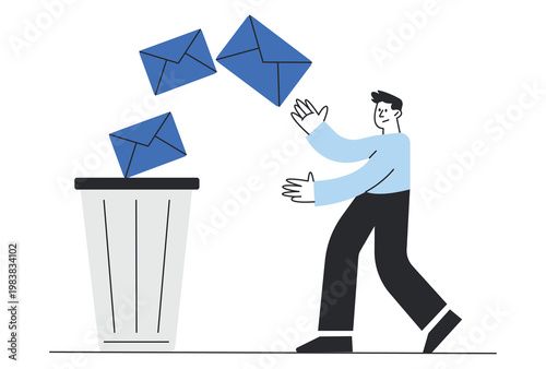 Man throwing email envelopes into trash bin vector.