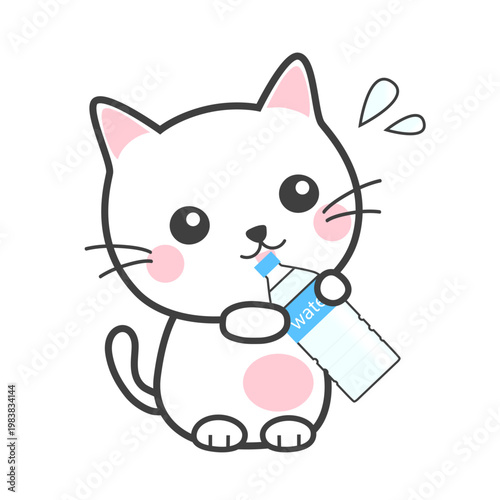 A cute cat drinking water from a plastic bottle to prevent heatstroke.