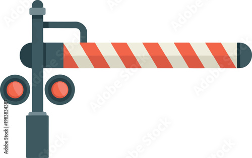 Minimalist flat vector illustration of railway crossing barrier with red lights and striped arm on white background