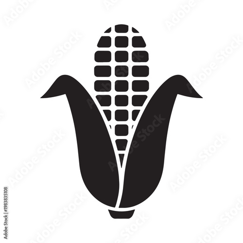 A simple black and white illustration of a single ear of corn