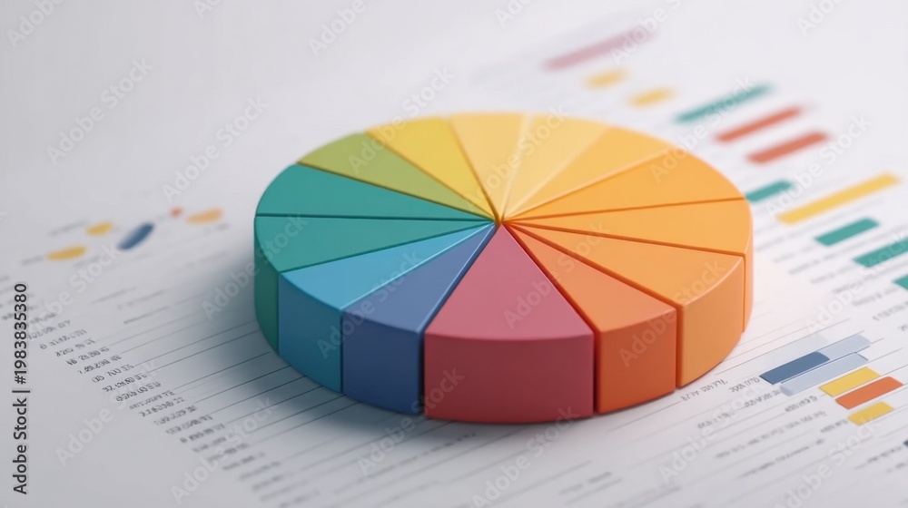Obraz premium Colorful Pie Chart Displayed on Financial Document for Data Visualization Insights