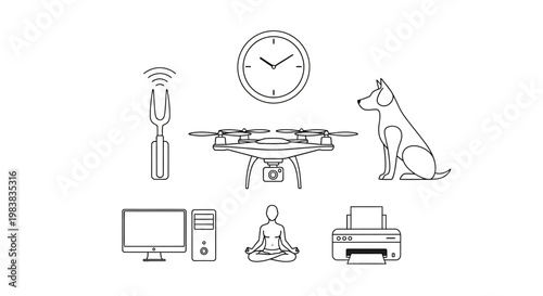 Set of minimalist line icons featuring a drone, dog, computer, and yoga pose