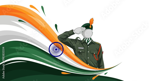 Illustration celebrating Indian Army Day with a military character saluting, using the colors of the Indian flag in a dynamic, graphic design against a clean white background