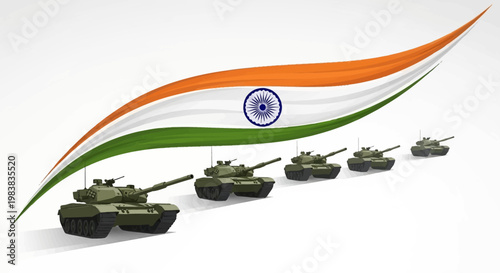A vector illustration showcases a line of tanks advancing beneath the Indian flag, commemorating a military parade event, set against a clean white background with a patriotic