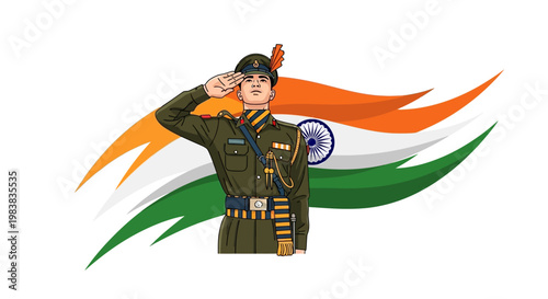 Vector illustration of an Indian Army soldier saluting against a flowing Indian flag, designed as a patriotic icon with clean lines and vibrant colors, conveying a sense of national pride