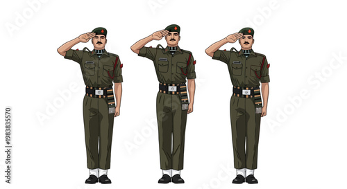 Vector illustration featuring three Indian Army characters in uniform, saluting against a clean white background, designed as flat icons conveying respect and honor for the military