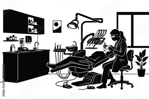 Dentist Checking Patient Teeth Silhouette Dental Examination Scene Vector Illustration