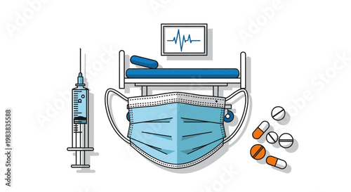 Medical equipment set with face mask and hospital icons for healthcare concept.